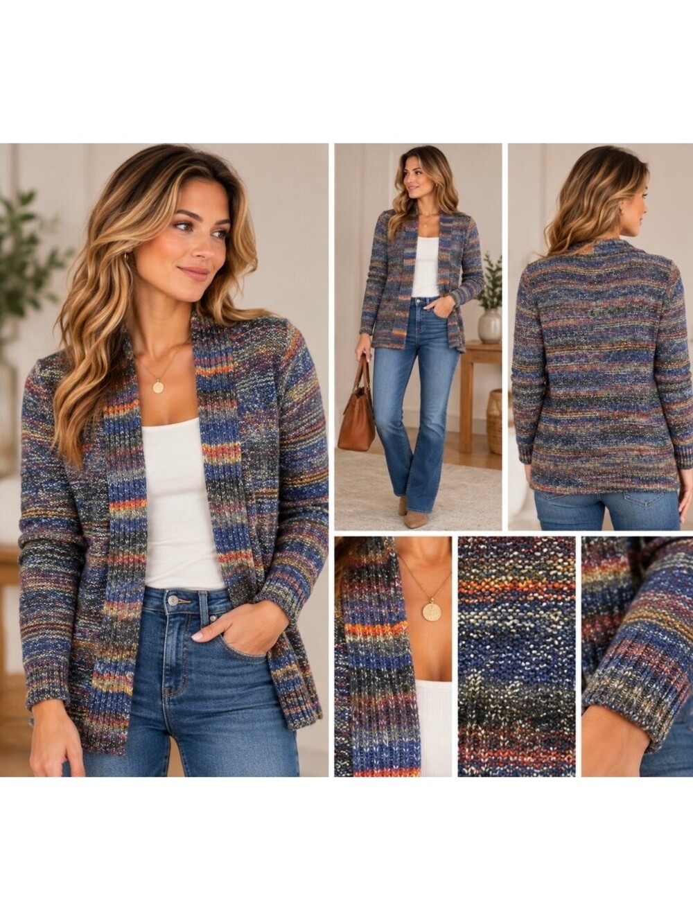 Liz Claiborne Petite PM Multicolor Space Dye Open Front Cardigan Cotton Blend